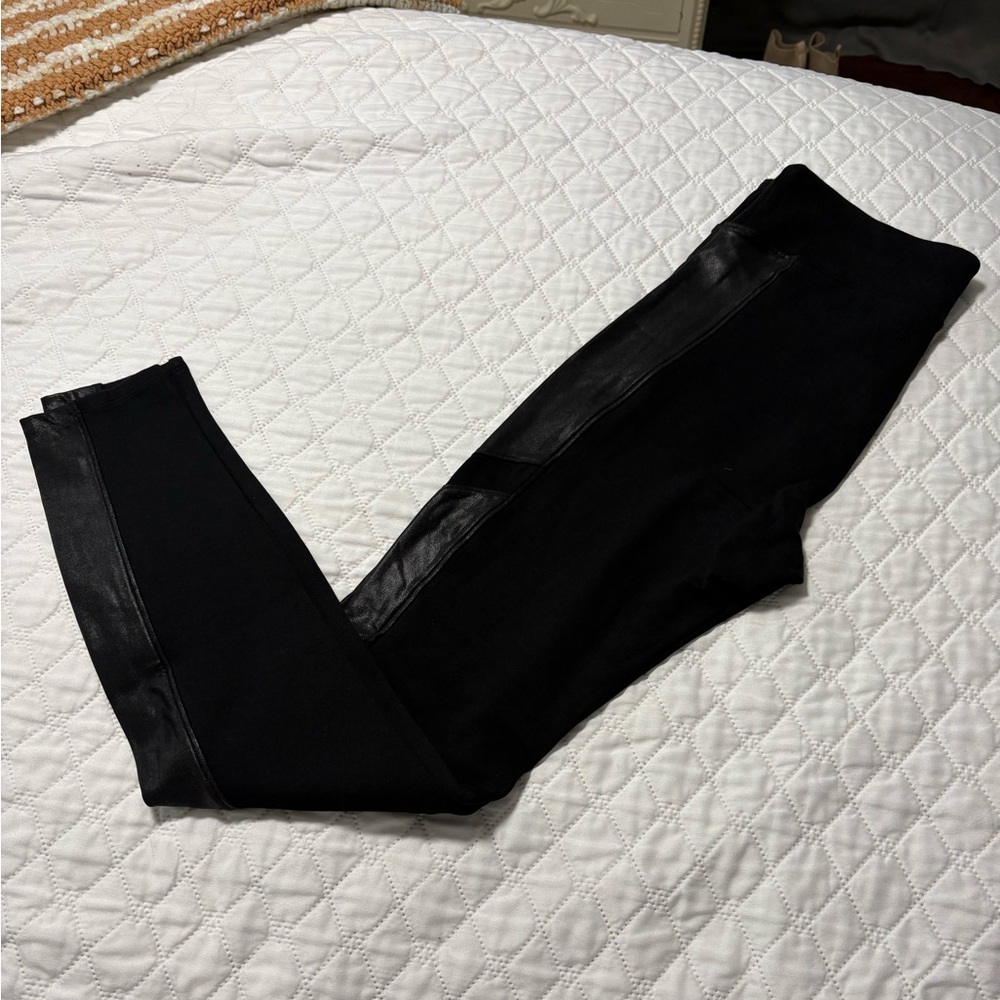 Black Spanx Leggings with Faux Leather Panels - Picture 2 of 10